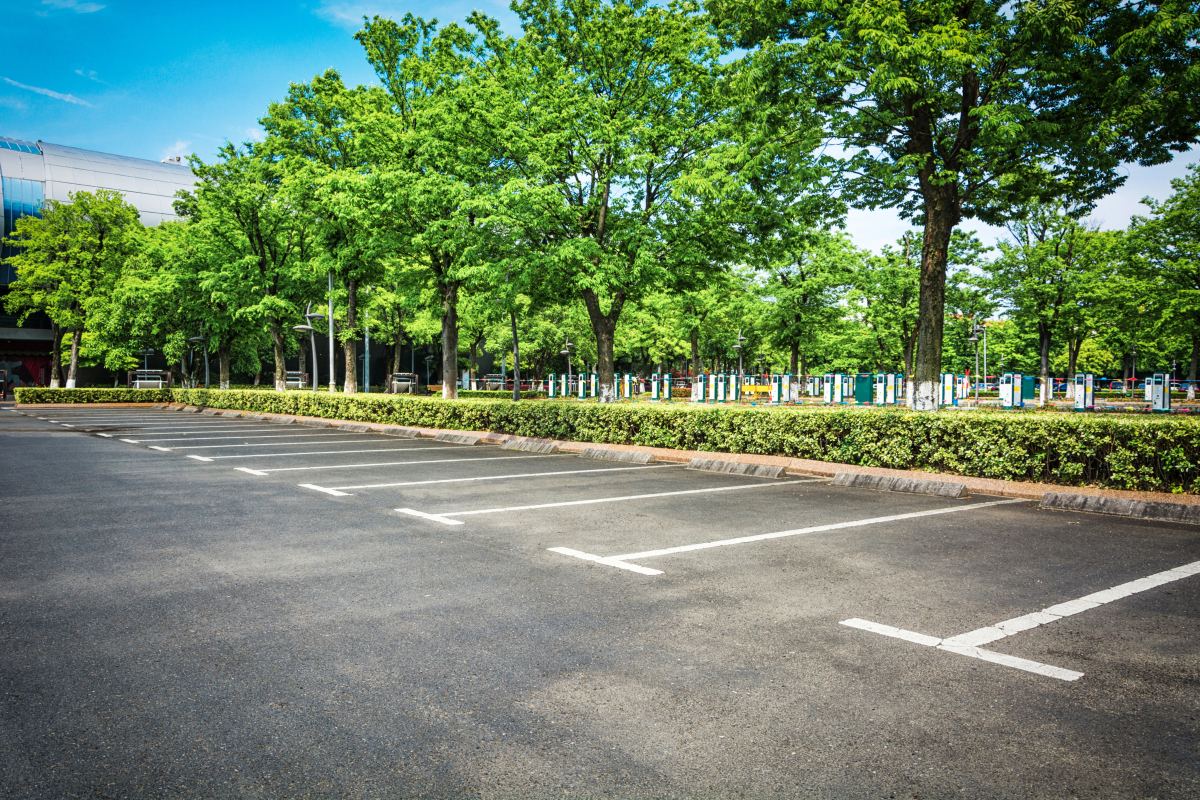 Parking lot surrounded by trees at Chautauqua